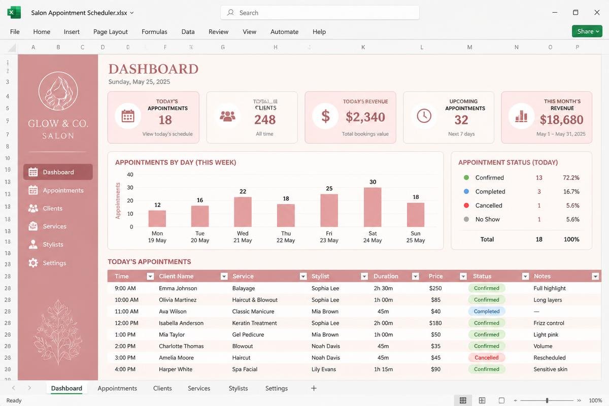 Daily Appointment Scheduler Excel dashboard preview for salon owners
