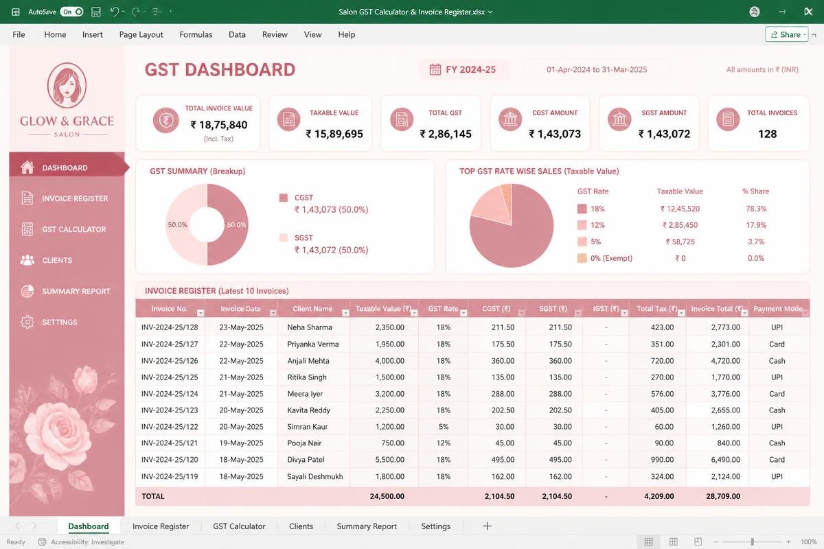 GST Calculator & Invoice Register Excel dashboard preview for salon owners