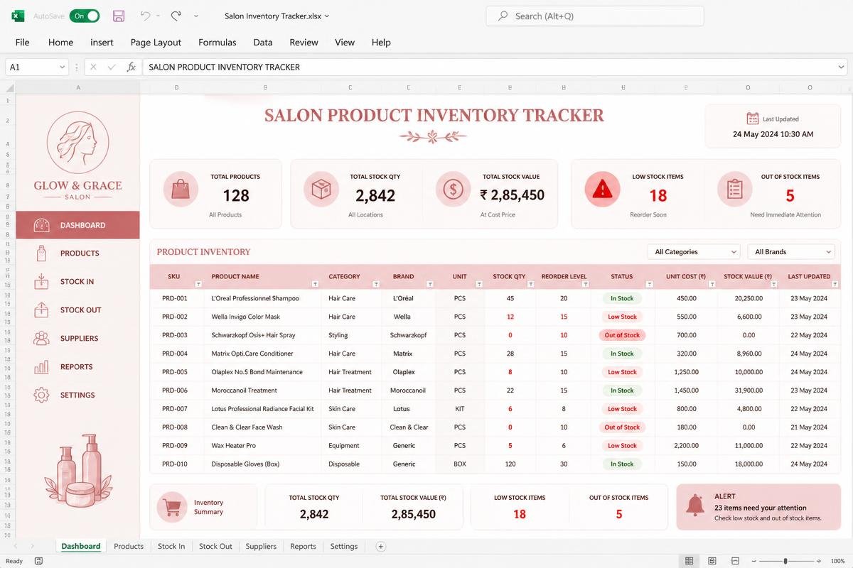 Product Inventory Tracker Excel dashboard preview for salon owners